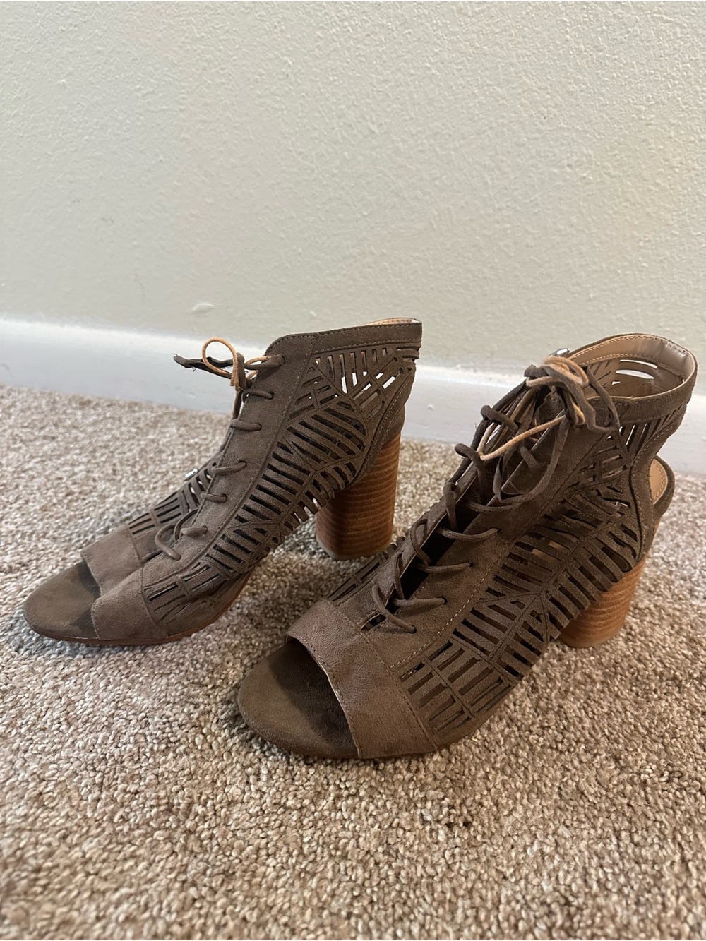 Sam Edelman Brown Laser-Cut Lace-Up Peep Toe Heels